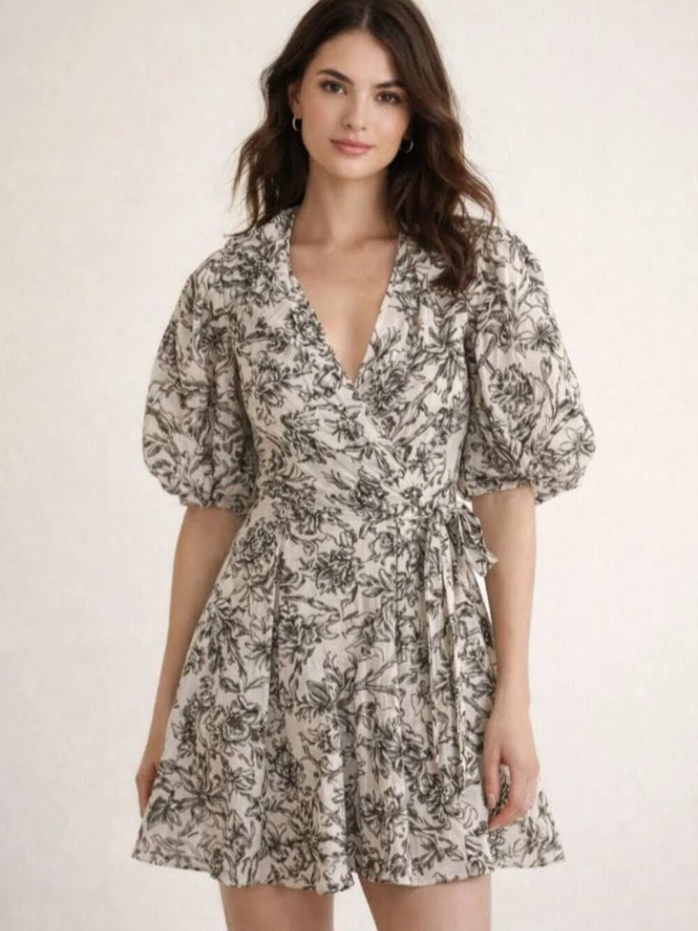 Caroline Constas Ruffled Wrap Dress Side Tie 100% Cotton Mini Floral Ivory XS